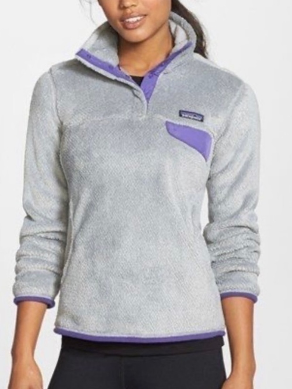 Patagonia women’s M Polartec Gray Fleece Pullover with Purple Trim long sleeve